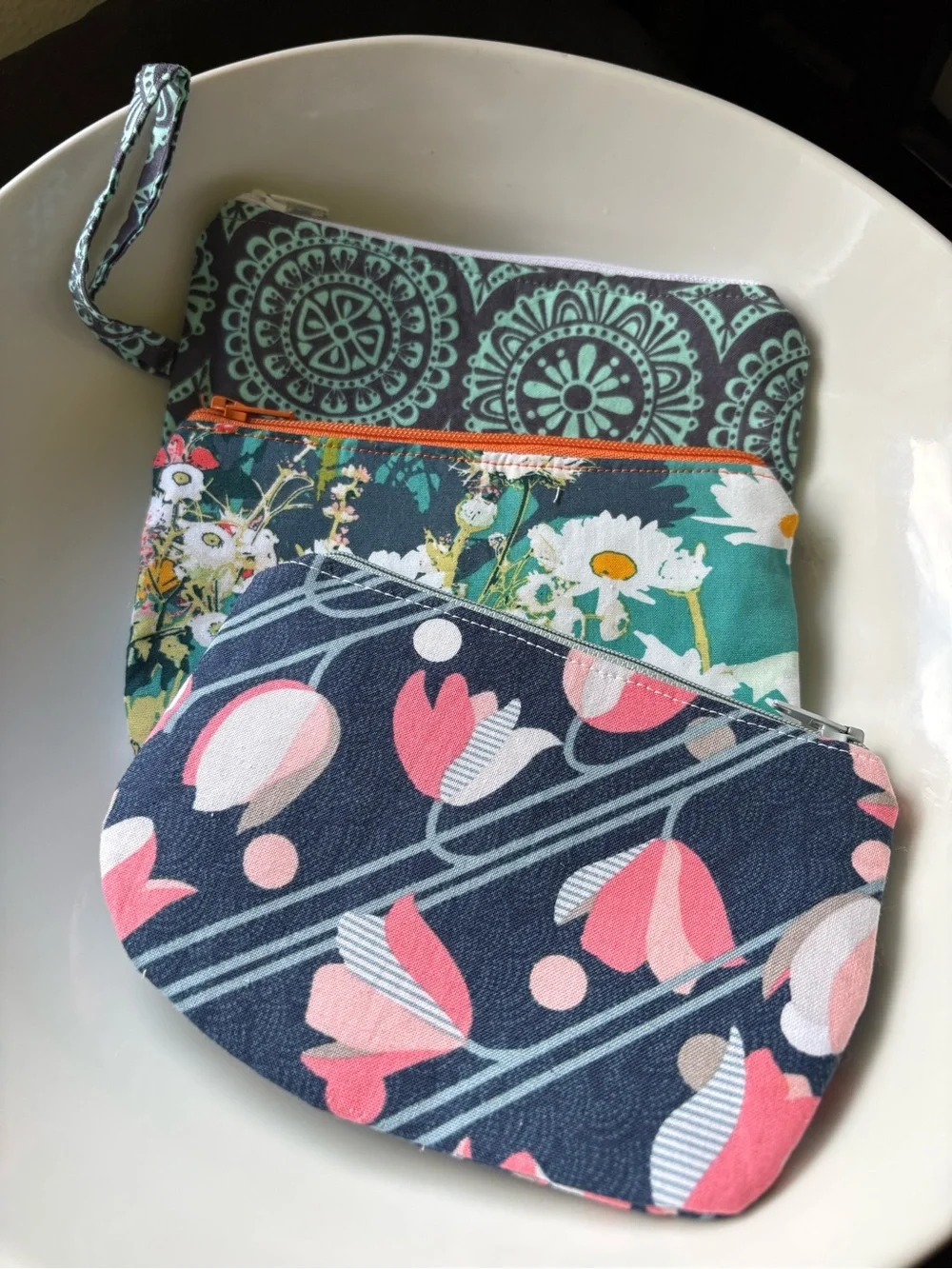 Floral Teal & Navy Zip Pouch Trio - Cosmetic Bag Set